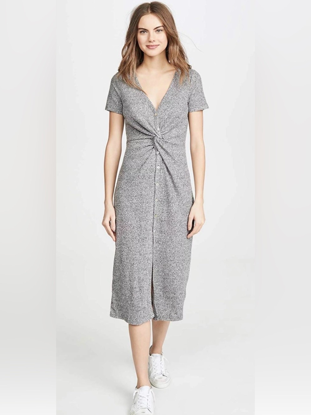 VENUS Gray Knot-Front Ribbed Midi Dress